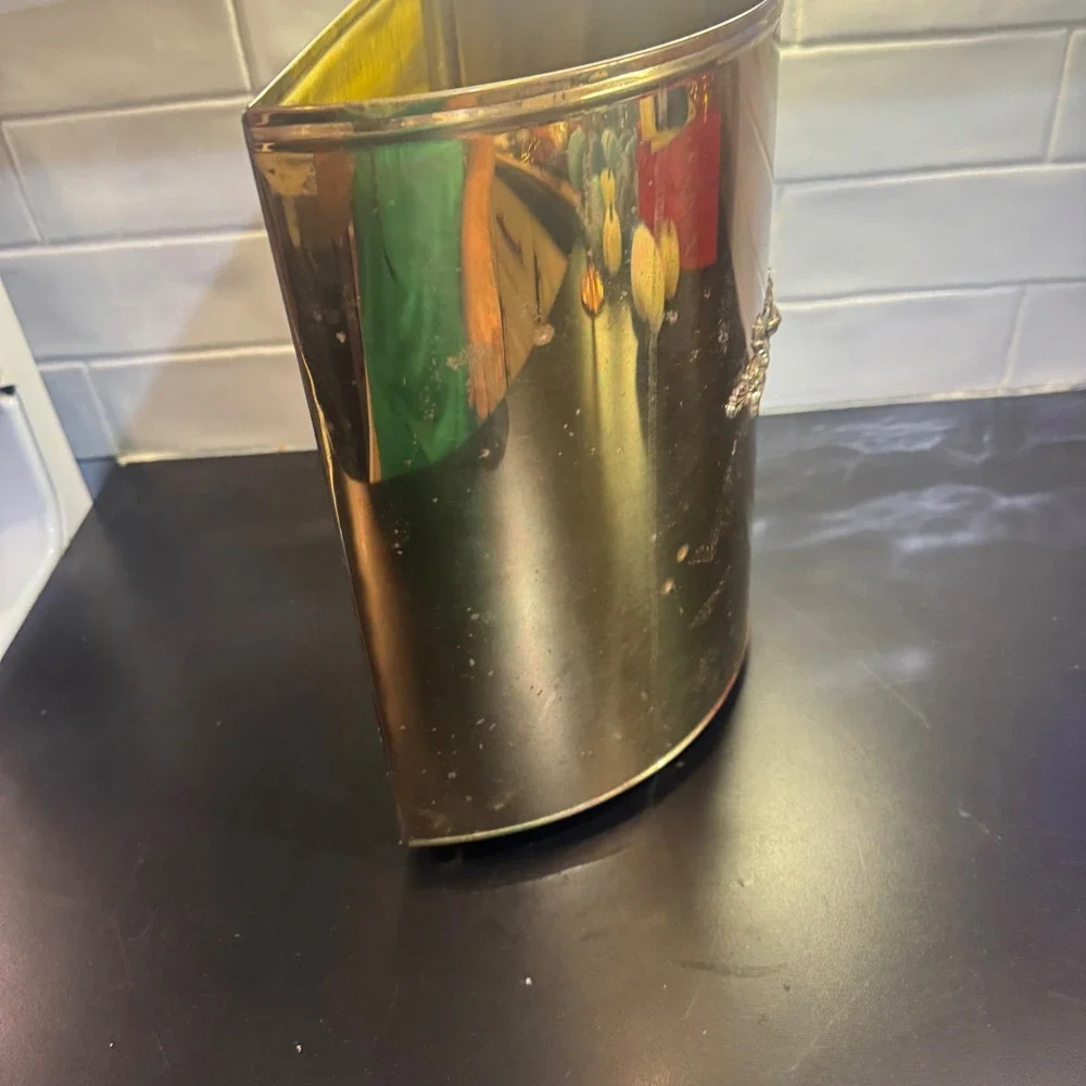 Vintage Brass Wastebasket Trash Can Gold Half Moon Ornate Crest Detail 12in